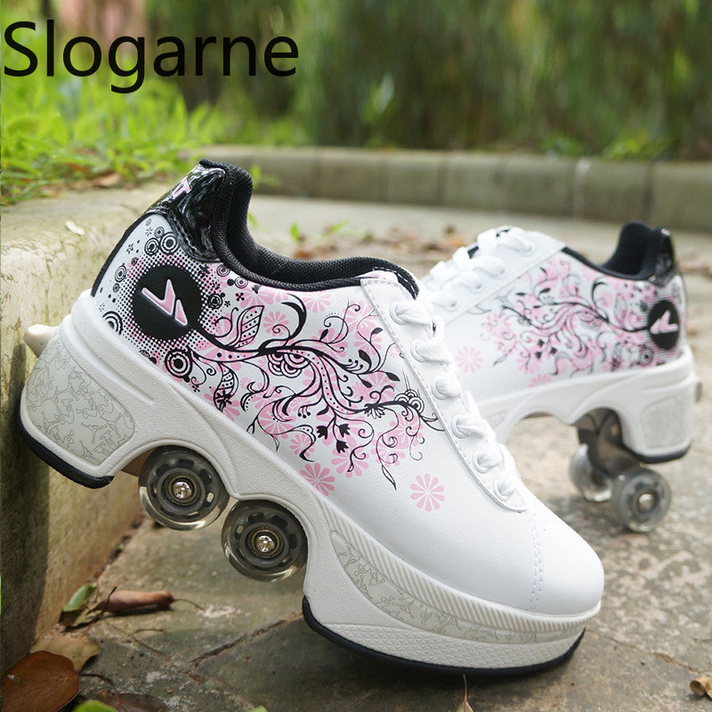 Running Shoes Women - Women 4 Wheels Deformation Roller Skates